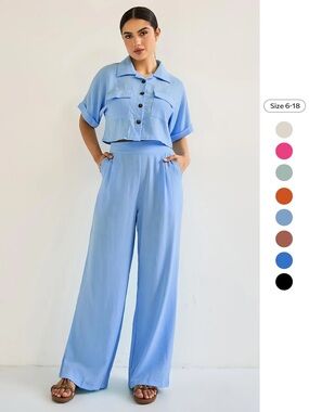 Womens Light Blue Wide-Leg Pants & Cropped Shirt Set xxl